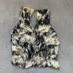 Robert Rodriguez Sleeveless 100 Silk Ruffle Blouse Top Black Beige Womens Size 0